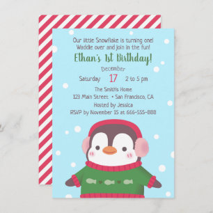 Cute Penguin In Sweater Birthday Party Invitations