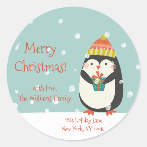 Cute Penguin in the Snow Christmas Return Address Classic Round Sticker