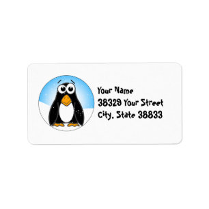 Cute Penguin in the Snow with Blue Sky Label