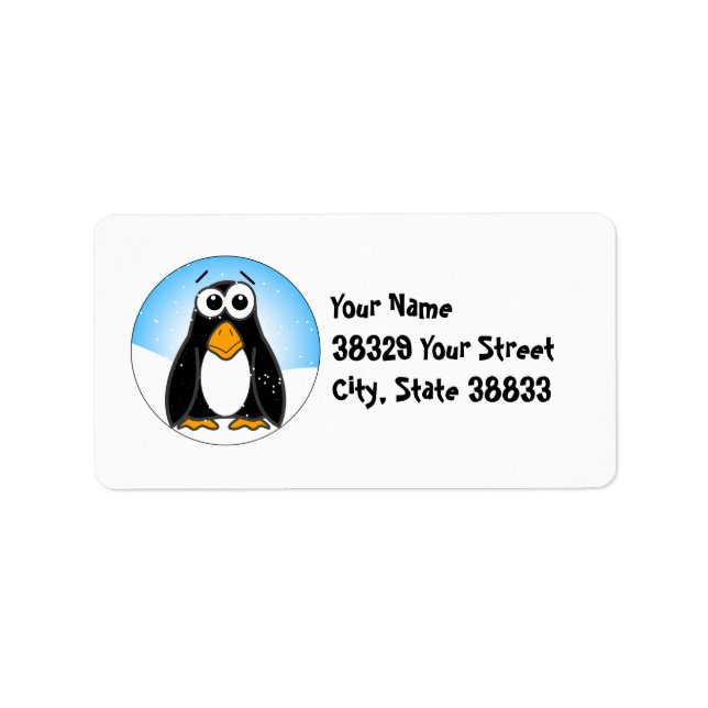 Cute Penguin in the Snow with Blue Sky Label (Front)