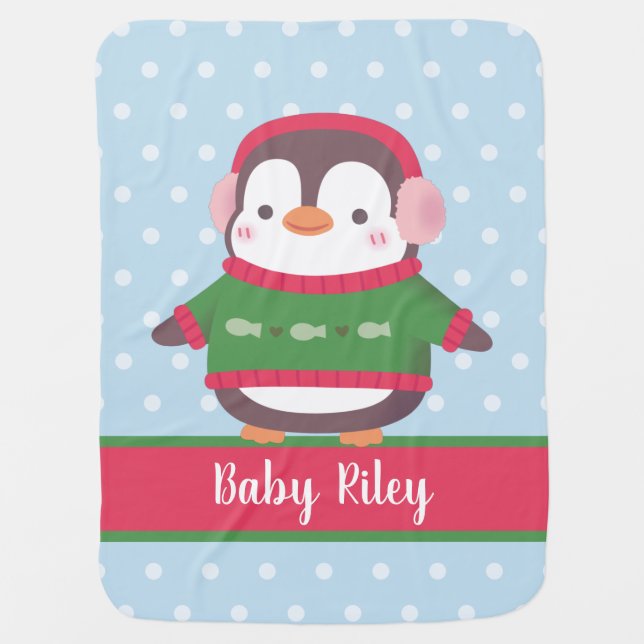 Cute Penguin In Winter Sweater Personalized Baby Blanket (Front)