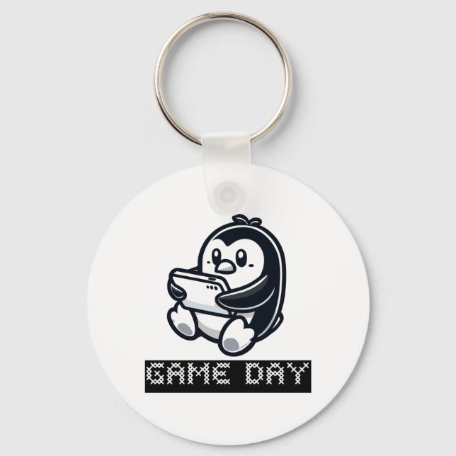 Cute Penguin is playing a Video Game - Game Day Keychain (Front)