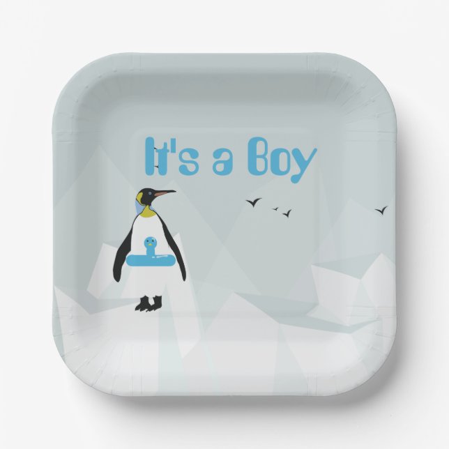 Cute Penguin "It's a Boy" baby shower Paper Plates (Front)