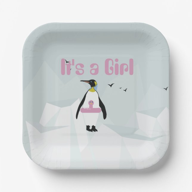 Cute Penguin "It's a Girl" baby shower Paper Plates (Front)