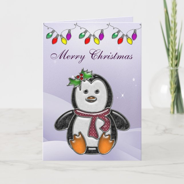 Cute Penguin Jewel & Christmas Lights Card (Front)
