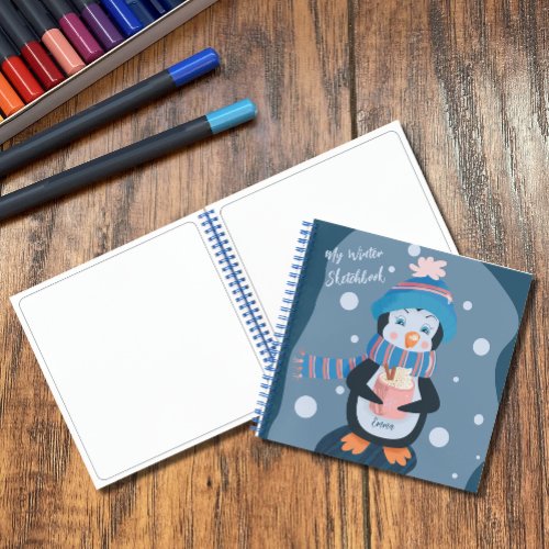 Cute Penguin Kid Blue Winter Sketchbook Notebook