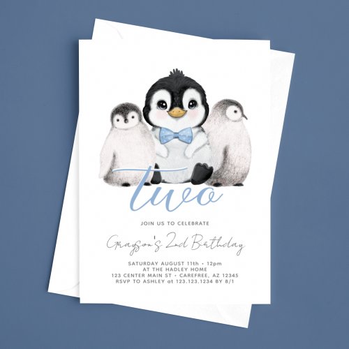 Cute Penguin Kids 2nd Birthday Invitation