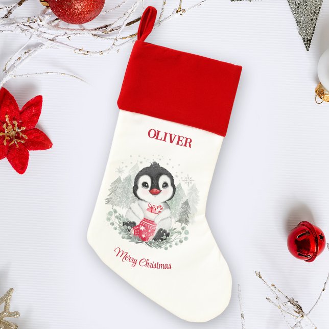 Cute Penguin Kids' Christmas Stocking (Cute Penguin Kids' Christmas Stocking, 1st Christmas stocking, red and white,)
