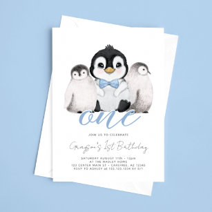 Cute Penguin Kids First 1st Birthday Invitation