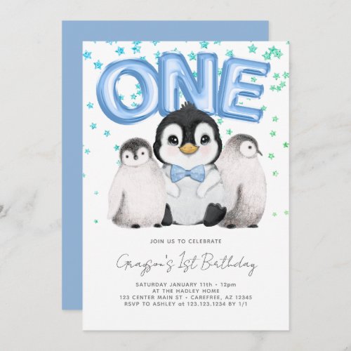 Cute Penguin Kids First 1st Birthday Invitation