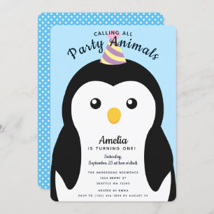 Cute Penguin Kids First Birthday Invitation