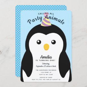 Cute Penguin Kids First Birthday Invitation