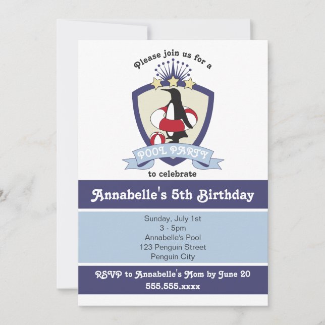 Cute Penguin Kids Pool Birthday Party Invitations (Front)