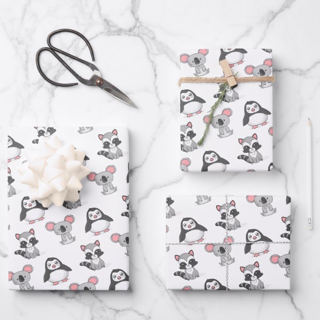 Cute Penguin & Koala Pattern Wrapping Paper Sheets (Front)