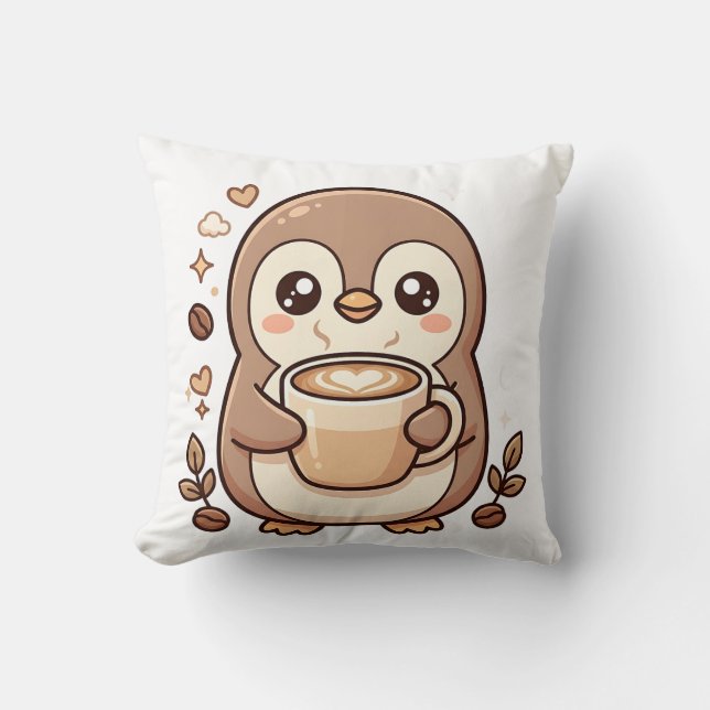 Cute Penguin Latte Heart Throw Pillow (Front)