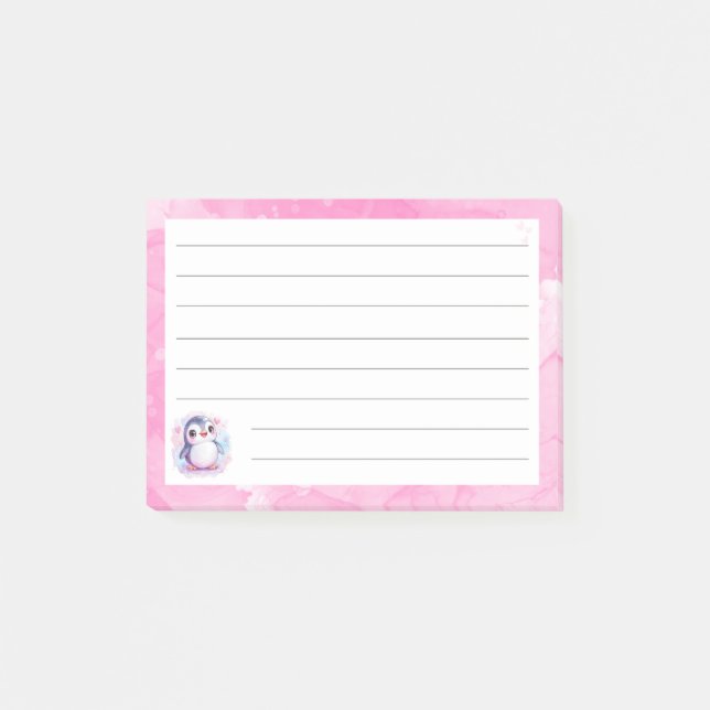 Cute Penguin Lined Pink Sticky Notes - 4"x3" (Front)