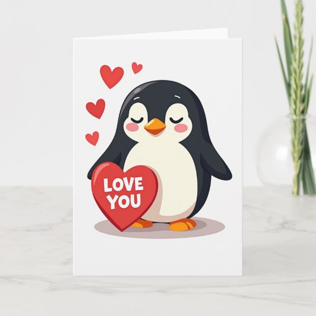 Cute Penguin Love You Heart Card (Front)