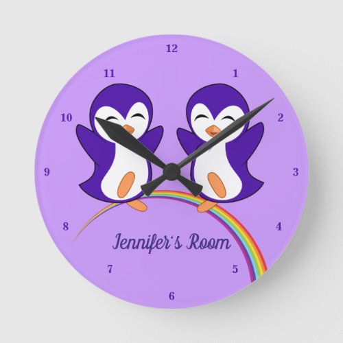 Cute Penguin Lover Purple Personalized Kids Round Clock