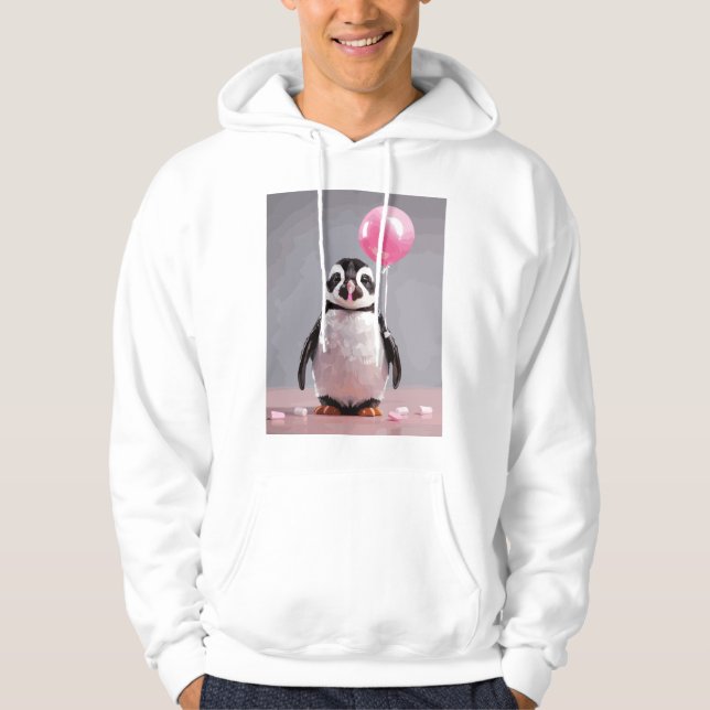 Cute penguin making balloons with pink chewing gum hoodie (Front)