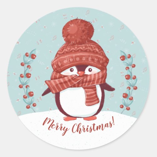 Cute Penguin Merry Christmas Classic Round Sticker
