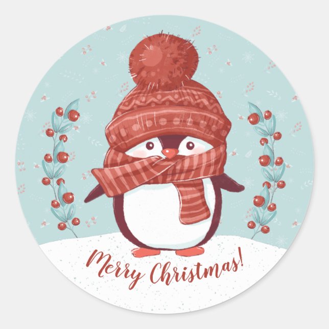 Cute Penguin Merry Christmas Classic Round Sticker (Front)