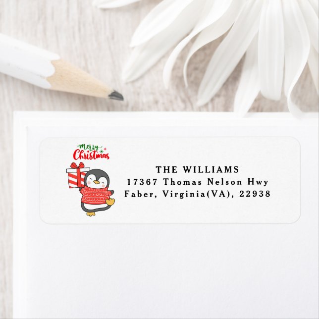 Cute Penguin Merry Christmas Return Address  Label (Insitu)