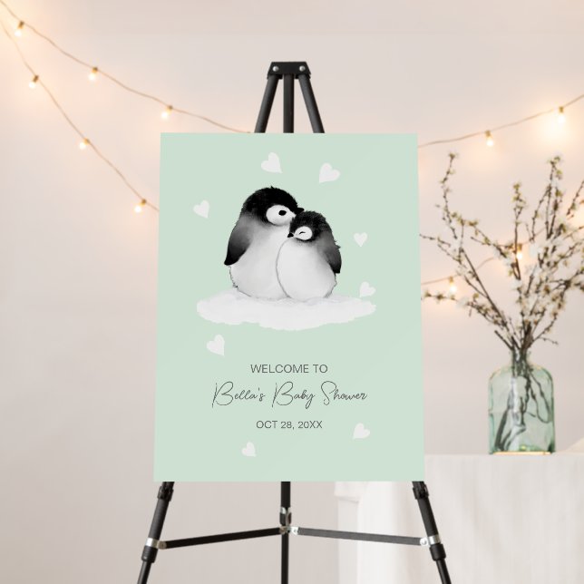 Cute Penguin Mint Baby Shower Party Sign (In Situ (Stand))