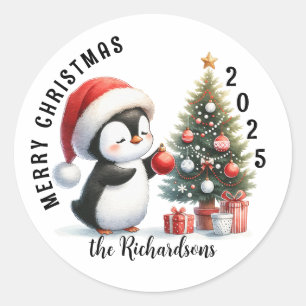 Cute Penguin Modern Custom Merry Christmas Classic Round Sticker