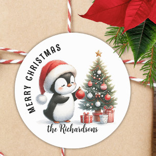 Cute Penguin Modern Personalized Merry Christmas Classic Round Sticker