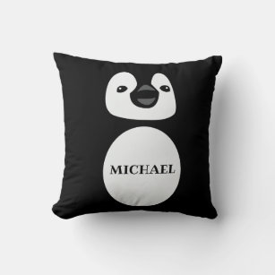 Cute Penguin Monogram Name in Black and white Throw Pillow