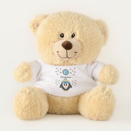 Cute penguin name and stars yellow blue teddy bear