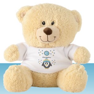 Cute penguin name and stars yellow blue teddy bear