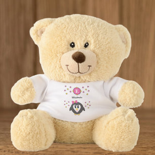 Cute penguin name and stars yellow pink teddy bear