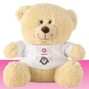 Cute penguin name and stars yellow pink teddy bear