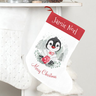 Cute Penguin Name Red Kids Christmas Stocking
