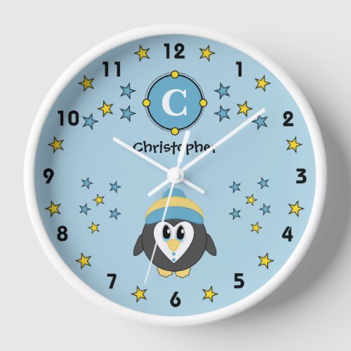 Cute penguin name stars blue yellow clock