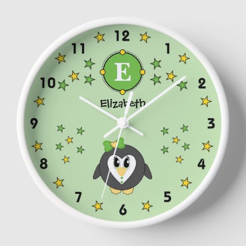 Cute penguin name stars green yellow clock