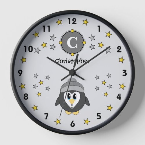 Cute penguin name stars grey yellow clock