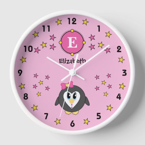 Cute penguin name stars pink yellow clock