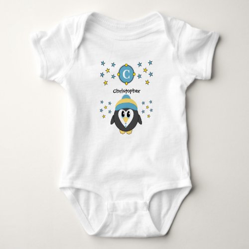 Cute penguin name stars yellow blue baby bodysuit