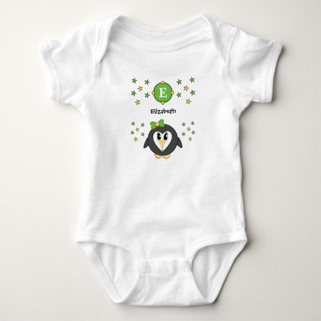 Cute penguin name stars yellow green baby bodysuit (Front)