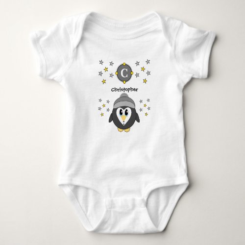 Cute penguin name stars yellow grey baby bodysuit