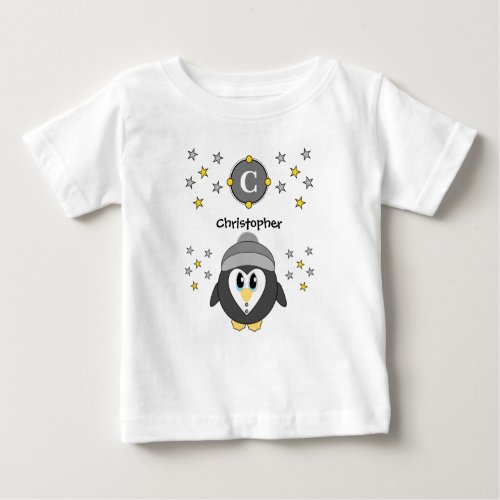 Cute penguin name stars yellow grey baby T_Shirt