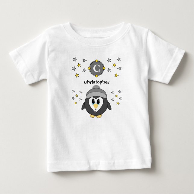 Cute penguin name stars yellow grey baby T-Shirt (Front)