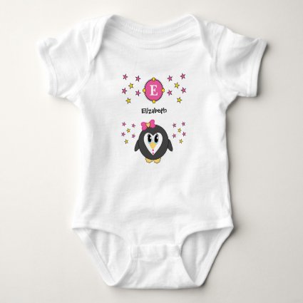 Cute penguin name stars yellow pink baby bodysuit