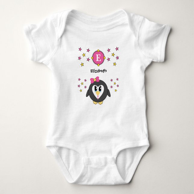 Cute penguin name stars yellow pink baby bodysuit (Front)
