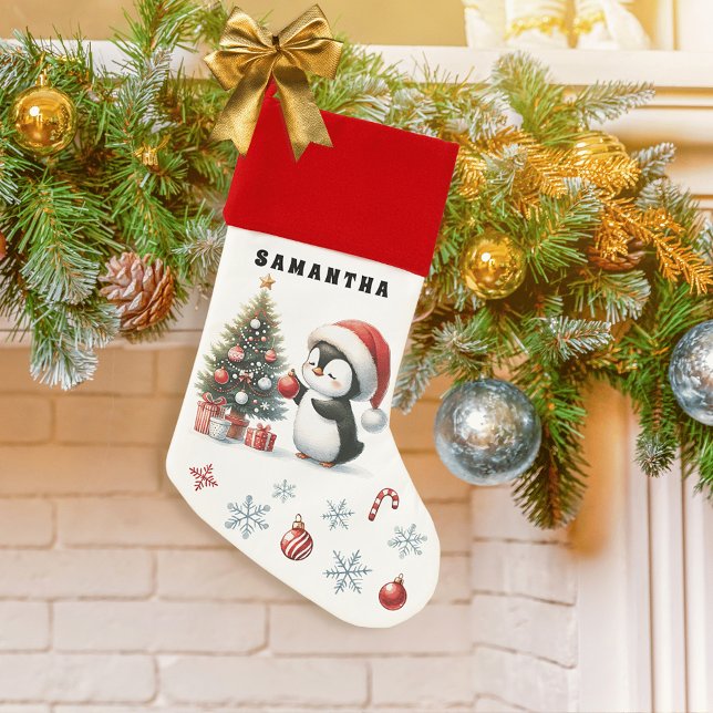 Cute Penguin Near Christmas Tree Custom Christmas Stocking (Creator Uploaded)