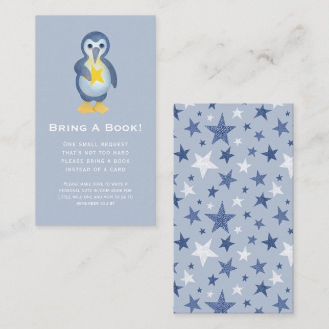 Cute Penguin North Star Baby Shower Book Request Enclosure Card (Front/Back)