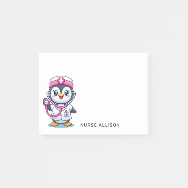 Cute Penguin Nurse Pink Stethoscope Custom 4x4 Post-it Notes (Front)