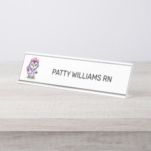 Cute Penguin Nurse Pink Stethoscope Custom Desk Name Plate